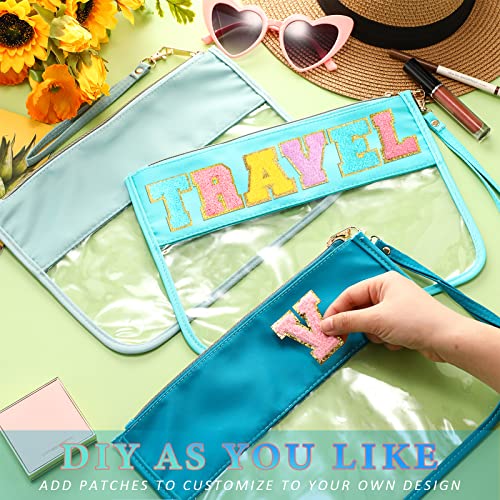 Sanwuta 3 Pcs Sunscreen Bag Clear Flat Zipper Pouch, Summer PVC Waterproof Zipper Makeup Bag Portable Organizer, Chenille Letter Snack Travel Cosmetic Tote Pouch Set for Beach Women Teacher Gift(Blue) - color: Blue