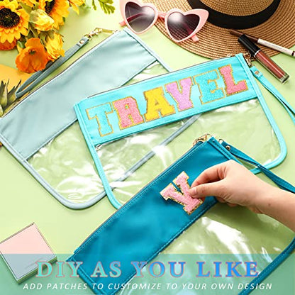 Sanwuta 3 Pcs Sunscreen Bag Clear Flat Zipper Pouch, Summer PVC Waterproof Zipper Makeup Bag Portable Organizer, Chenille Letter Snack Travel Cosmetic Tote Pouch Set for Beach Women Teacher Gift(Blue) - color: Blue