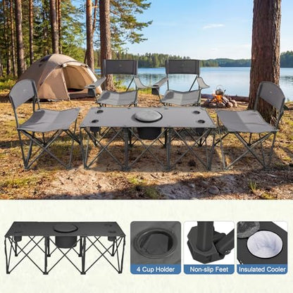 Camping Chair Set of 3, Outdoor Folding Camping Chairs for Heavy People with Cup Holder & Carry Bag,Collapsible Chair Include One Sofa Chair and Two Single Chair,Support up to 500lbs - color: Grey-5pcs