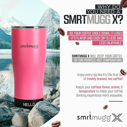 SMRTMUGG X Heated Coffee Mug 19 oz., 8 Hour Battery Life, Self-Heating, Adjustable Temp Controlled, LCD Screen, Includes Cover with Magnetic Slider (Pink) - color: Pink