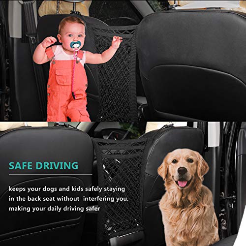 Dog Car Net Barrier 3 Layer 15.7''×13.7'' with Auto Safety Mesh Organizer, Stretchable Storage Bag Backseat Mesh Universal for Cars, SUVs -Easy Install, Safer to Drive with Pets and Children - size: 13.7 in × 15.7 in