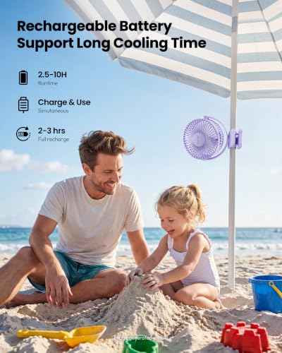 Gaiatop Portable Clip on Fan Battery Operated, Small Powerful 3 Speed Quiet 360° Rotate, USB Rechargeable Mini Personal Cooling Fan for Desk Table Home Office Stroller Camping Women Gifts Purple - color: light purple