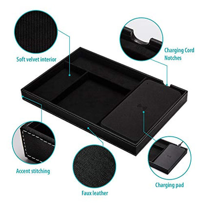 Valet Tray, Built in Wireless Charging Pad, Nightstand Organizer, Dresser Organizer, Mens Jewelry Box, Valet Charging Station, Faux Leather Valet Tray for Men and Women, (Black) - color: Black