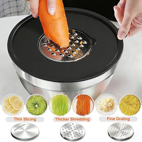Thickened Heavy-Duty 26pcs Stainless Steel Bowl, Mixing Bowl Set with Lid, Grater Attachment, Non-Slip Bottom and Kitchen Gadget Set, Sizes 7, 4, 2.5, 2.0, 1.5, 1QT, Ideal for Mixing and Serving - color: Carbon Black