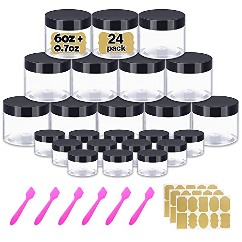 6 oz Small Plastic Containers with Lids + 20g/20ml Small Plastic Jars with Lids Cosmetic Sample Jar (24 Pack) - for Lip Scrub, Body Butters, Cream, Slime, Craft Storage - color: Black Lid, size: 6 OZ + Sample Jars