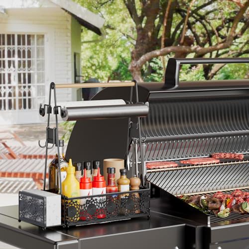 EKNITEY Camping Utensil Grill Holder: BBQ Condiment Griddle Kitchen Organizer With Handle - Caddy Storage For Travel Picnic - color: Wood and black