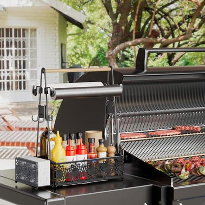 EKNITEY Camping Utensil Grill Holder: BBQ Condiment Griddle Kitchen Organizer With Handle - Caddy Storage For Travel Picnic - color: Wood and black
