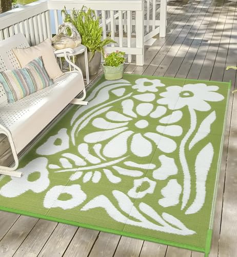 Uphome Outdoor Plastic Straw Mats 6x9 ft, Reversible Waterproof Outdoor Rug Carpet, Green Floral Patio Rug, RV Camping Rug for Outside, Indoor Outdoor Area Rug for Backyard Deck Balcony Picnic, 6'x9' - color: Green-floral, size: 6' x 9' (Rectangular)