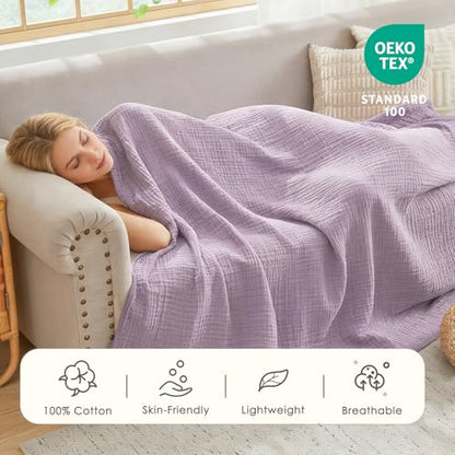 EMME Cotton Muslin Large Throw Blanket Couch Breathable Gauze Soft Lightweight Bed Blankets Adults (Heather Lavender, 50"x70") - color: 11 - Lavender, size: Large Throw (50" X 70")