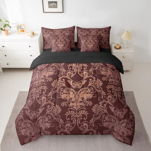 Erosebridal Gothic Damask 7 Piece Comforter Set Full Bed in a Bag,Butterfly Skull Bedding Sets Brown Victorian Floral Goth Sheet Set with Comforter - color: Multi 03, size: Full(7-Pieces)