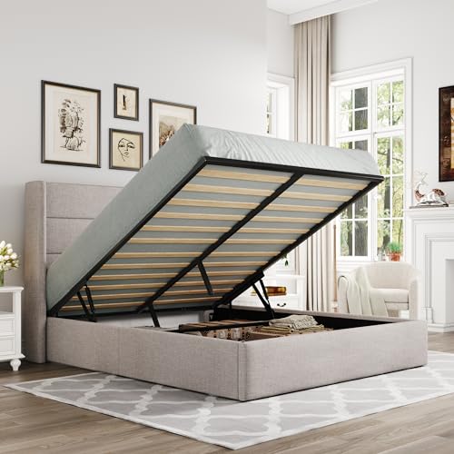Allewie Full Size Lift Up Storage Bed, Modern Wingback Headboard, Hydraulic Support, No Box Spring Needed, Light Beige - color: Beige, size: Full, style: Modern