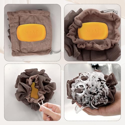 3 Pcs Soap Bar Loofah, 2 in 1 Bar Soap Loofah Pouch Can Hold Soap Effective Exfoliation for Bathing (Green+ Coffee Brown+ Purple) - style: Green+ Coffee Brown+ Purple