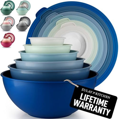 Zulay Kitchen 12 Piece Plastic Mixing Bowls with Lids Set - Leak-Proof Microwave & Freezer Safe Stackable Mixing Bowl Set for Preparing, Serving and Storing - Non-Slip Large Nesting Bowls (Blue Ombre) - color: Aqua Blue