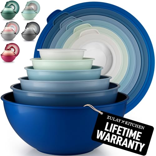 Zulay Kitchen 12 Piece Plastic Mixing Bowls with Lids Set - Leak-Proof Microwave & Freezer Safe Stackable Mixing Bowl Set for Preparing, Serving and Storing - Non-Slip Large Nesting Bowls (Blue Ombre) - color: Aqua Blue