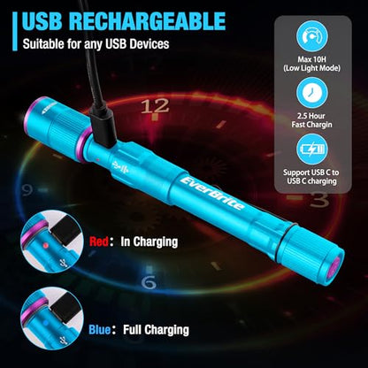 EverBrite Rechargeable Pen Flashlight with UV Light and White Light, 395nm Black Flashlight with Clip, Zoomable 4 Modes with Memory, USB C Cable, for Camping, Emergency, Pet Urine Detection,Blue - color: Blue