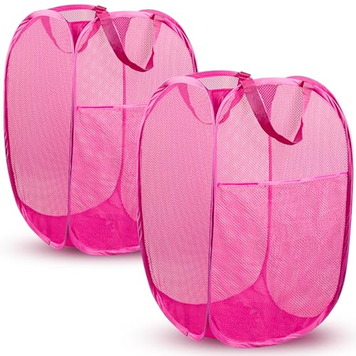DUCOO Pop Up Laundry Hamper, 70L Collapsible Mesh Laundry Basket with Side Pocket, Foldable Dirty Clothes Hamper with Sturdy Reinforced Handles for Home Dorm Bedroom Travel Storage, Pink, 2Pack - color: 2 PCS Pink
