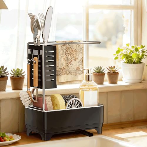 MOUKABAL Sponge Holder for Kitchen Sink, 2-Tier Sink Caddy Organizer with Drain Holes and Hooks, Holds Dishcloth, Sponge & Brushes, Kitchen Countertop Storage for New Home Essentials Black - color: Black 2
