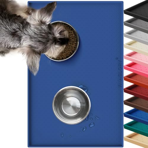 VIVAGLORY Pet Food Mat Grippymat Dog Bowl Mat, 24" L x 16" W, Navy Blue | Placemat with Raised Edge for Indoor, Waterproof Silicone for Cat Kitty & Puppy - color: Navy Blue, size: 24"L x 16"W