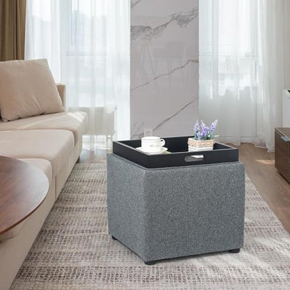 Adeco 17 inch Square Storage Ottoman with Reversible Tray Top, Linen Fabric Footrest Stool & Small Coffee Table for Living Room, Bedroom, and Dorm, Grey - color: Grey With Tray
