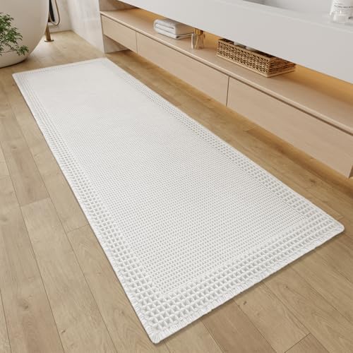 RESARE Waffle Bathroom Runner Rugs, Super Absorbent Bath Mat Non Slip Washable Quick Dry, Upgraded Ultra Soft Boho Bath Rugs with Tassels, Farmhouse Home Decor Accessories, 2'x5'(24"x60") White - color: White, size: 2' X 5'