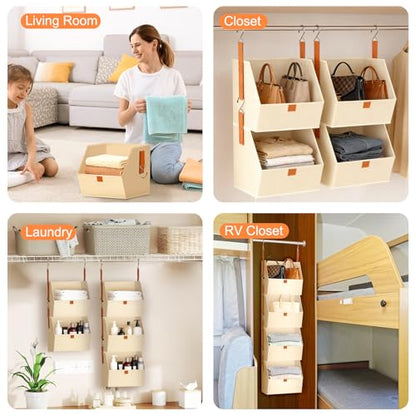 MSJGA 4-Tier Hanging Closet Organizer and Storage with Detachable Bins, Fabric Hanging Shelves for Closet, Dorm, Rv, Space-Saving Collapsible Basket for Handbags, Clothes (47” H)