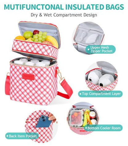PIIOSER Breastmilk Cooler Bag with Ice Pack, Fits 6 Baby Bottles Up to 9 Oz, Stylish Baby Cooler Travel Bags with Shoulder Strap, Double Deck & Leakproof for Nursing & Working Mom-Red & White Striped - color: Red & White