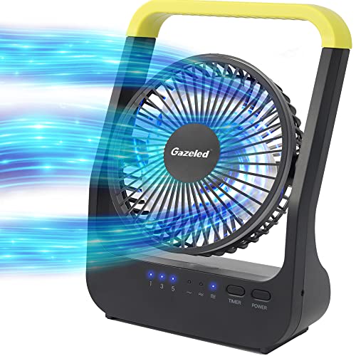 Gazeled Battery Powered Fan, Long Lasting Battery Operated Fans for Camping, Portable D-Cell Desk Fan with Timer, 3 Speeds, Whisper Quiet, 180° Rotation, for Office, Bedroom, Outdoor, 5'', Model: F15 - color: Yellow