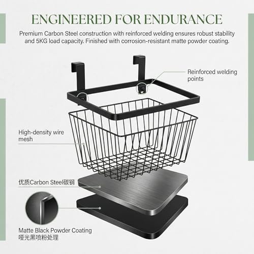 LeleCAT Grid Storage Baskets with Hooks, Over Cabinet Door Organizer, Wire Basket Hanging Storage Organizer, Kitchen Bathroom Organizer (Black, Large) - size: Large