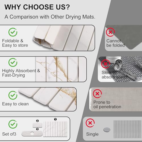 3 PCS Large Stone Dish Drying Mat for Kitchen Counter, Quick Dry Stone Dishes Mats, Sink Faucet Mat, Marble Water Absorbing Diatomaceous Earth Drying Pad for Countertop Tableware, Bottles - color: White Gold Marble