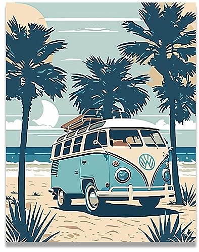Inspirational Wall Art Co. - Blue VW Van | Retro Volkswagen Beach Poster - Vintage Surf Prints - Pictures for Beach House | 11x14 Inches Unframed - color: Summer