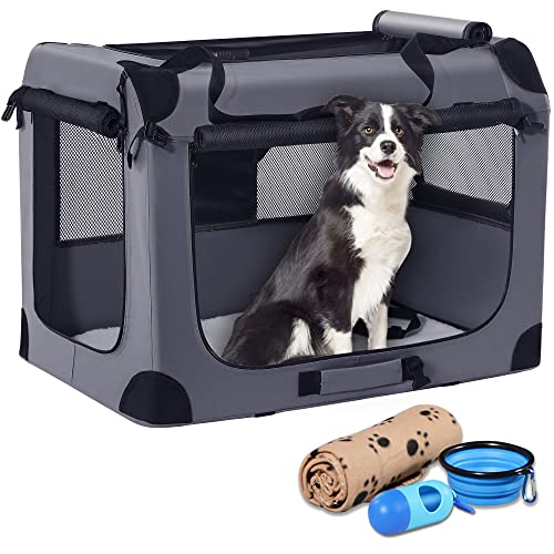 Petprsco Portable Dog Crate - 32"x23"x23" Collapsible Dog Travel Crate for Medium/Large Dogs with Soft Blanket, Foldable Bowl & Poop Bag Dispenser - Indoor & Outdoor Use - color: Gray, size: 32.0"L x 23.0"W x 23.0"H