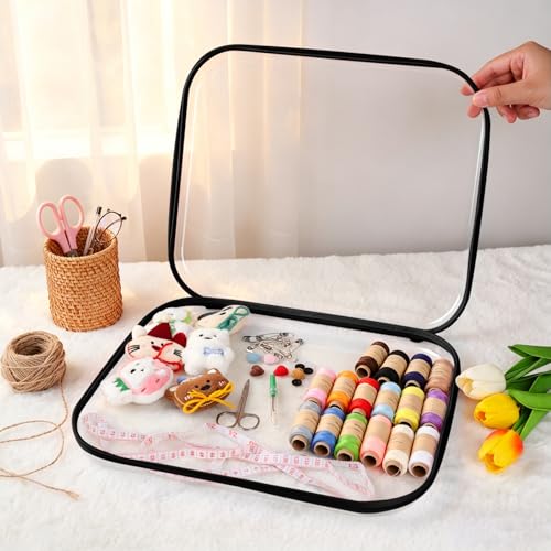 3 Pack Extra Large Clear Hard Shell Zipper Case with Labels, Travel Toiletry Pouch Makeup Organizer, Clear Diaper Bag, Hard Plastic Storage Bins for Board Game Toy Puzzle Stationery, Black - color: Black
