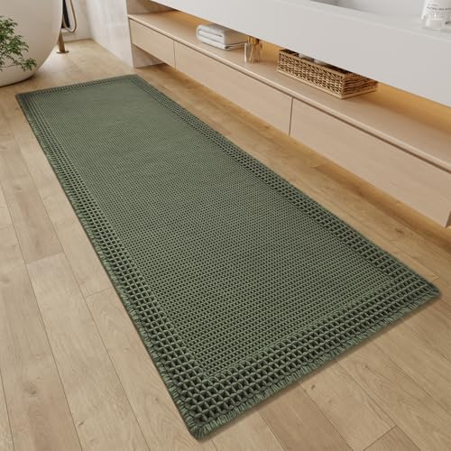 RESARE Waffle Bathroom Runner Rugs, Super Absorbent Bath Mat Non Slip Washable Quick Dry, Upgraded Ultra Soft Boho Bath Rugs with Tassels, Farmhouse Home Decor Accessories, 2'x5'(24"x60") Green - color: Green, size: 2' X 5'