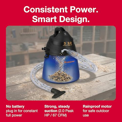 Koblenz Wet Dry Vacuum Cleaner, 3 Gallon 2.0 PHP, Twist-N-Lock Hose, Small Shop Vac, Portable Shop Vac for Home Car Garage Workshop, 10 ft Reach, Accessories Included, Blue/Black, WD-353L - size: 3 Gallon 2.0 HP