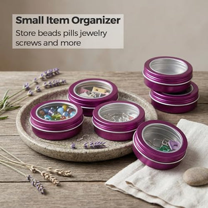 2 oz (60ml) Purple Aluminum Tins with Clear Lids and Labels, 24 Pack | Clear View Lid, Secure Packaging, Tight Screw Lids, Includes Blank Labels, 11 Color Options - color: Purple