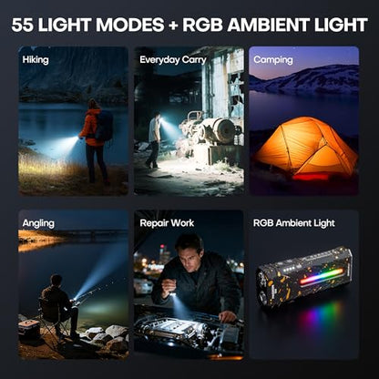 EDC Rechargeable Flashlight 3250 Lumens with RGB Light,55 Modes Multifunctional Flat Flashlight with Floodlight,Spotlight and Magnetic Base,Waterproof USB C Flashlight for Camping,Home,Emergencies - size: camouflage