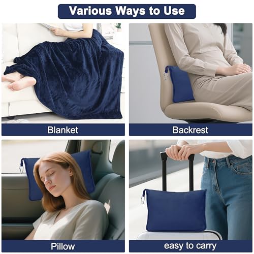 2-in-1 Convertible Travel Blanket & Pillow-Ultra Soft, Compact & Packable with Hand Luggage Sleeve and Backpack Clip for Flight & Car,Navy Blue