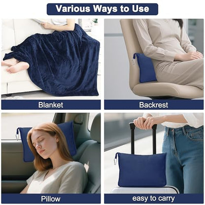2-in-1 Convertible Travel Blanket & Pillow-Ultra Soft, Compact & Packable with Hand Luggage Sleeve and Backpack Clip for Flight & Car,Navy Blue