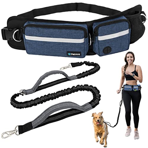PetAmi Hands Free Dog Leash Belt Bag for Walking, Jogging - Double Zipper Pouch with Poop Bag Dispenser, Dual Padded Handles Reflective Bungee Leash, Single (Navy) - color: Navy, size: 1 Leash