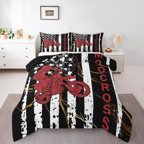 Dirt Bike Comforter Set For Teens, American Flag Bedding Set Queen, Motocross Rider Extreme Sport Down Comforter United States Federations Stars Quilted Duvet For Kids Boys Adult, Black White White - color: Multi 90, size: Queen