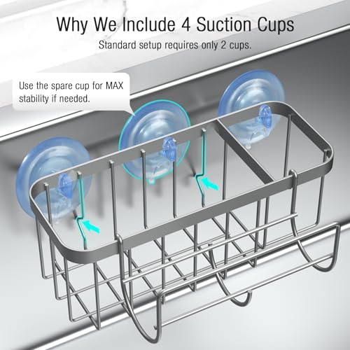 3-in-1 Kitchen Sink Caddy Organizer with Sponge Holder, Brush Holder, Extra Rack for Scrubber, Sink Stopper, Dish Cloth Hanger - Strong Dual Suction Cup, 2.0mm SUS304 Stainless Steel - Silver - color: Silver