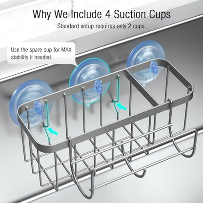 3-in-1 Kitchen Sink Caddy Organizer with Sponge Holder, Brush Holder, Extra Rack for Scrubber, Sink Stopper, Dish Cloth Hanger - Strong Dual Suction Cup, 2.0mm SUS304 Stainless Steel - Silver - color: Silver