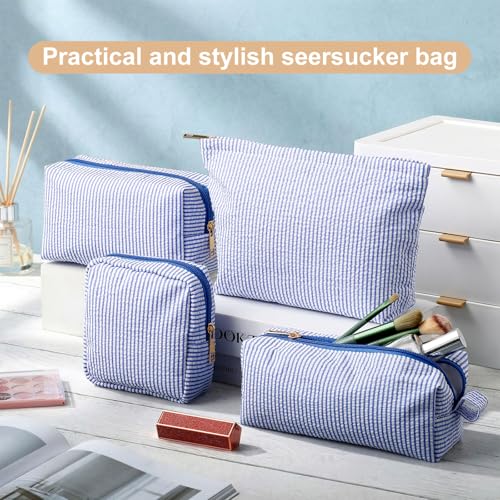 Sanwuta 4 Pcs Seersucker Pouch Cosmetic Bag Set Seersucker Makeup Bag Women Stripe Large Travel Toiletry Organizer Aesthetic Preppy Storage for Embroidery Women Bridesmaid Gifts(Dark Blue) - color: Dark Blue