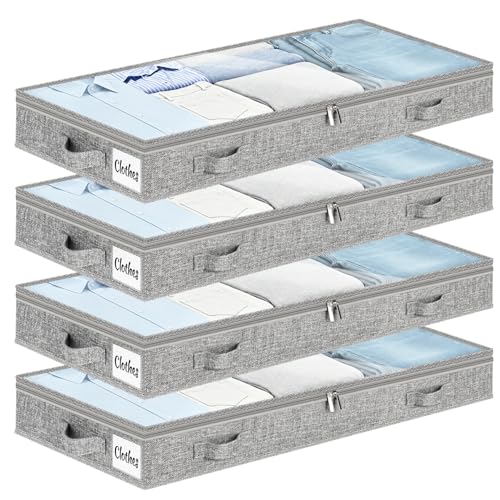 3 Inch Low Profile Under Bed Storage Drawer 4 Pack, Lightweight Underbed Clothes Storage Container Bins With NO STURCTURE, Shallow Storage Bag for Dorm & Home, With Clear Lids & Water-Resistant Fabric - color: Soft-Gray-4 Pack, size: 3 Inch