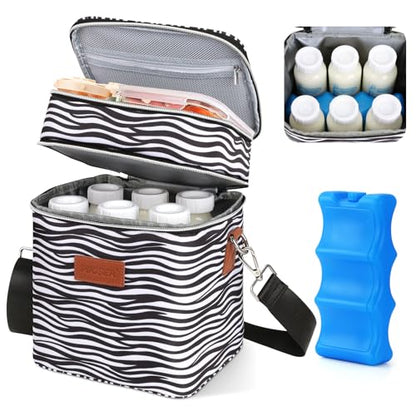 PIIOSER Breastmilk Cooler Bag with Ice Pack, Fits 6 Baby Bottles Up to 9 Oz, Stylish Baby Cooler Travel Bags with Shoulder Strap, Double Deck & Leakproof for Nursing & Working Moms(Zebra Printed) - color: Zebra