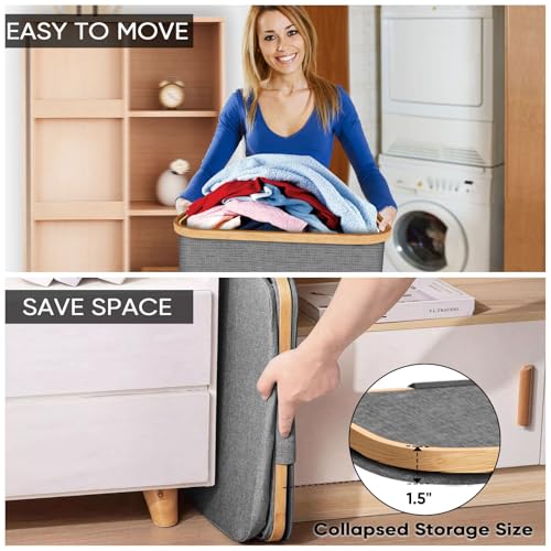 BALEINE Laundry Hamper with Lid, Tall Laundry Baskets with Bamboo Pull Handles, Large Laundry Bin with Internal Support (36 Gal/140L, Grey) - color: Grey, size: 140 liters