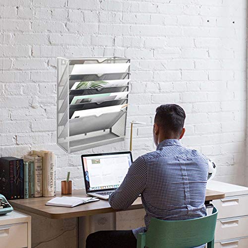 EASEPRES Mesh Wall File Organizer 6 Tier Vertical Mount Hanging Holder Magazine Rack with Bottom Flat Tray, Sides Closed, Silver - color: Silver, size: 6 Tier Upgrade