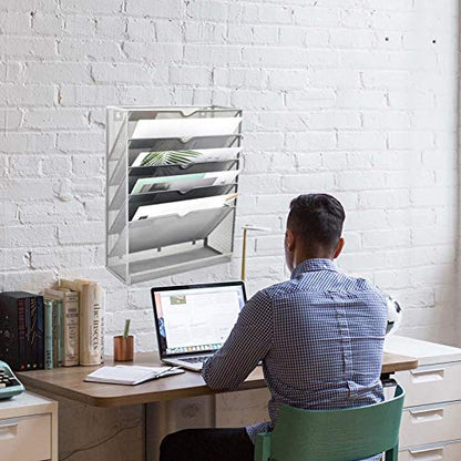 EASEPRES Mesh Wall File Organizer 6 Tier Vertical Mount Hanging Holder Magazine Rack with Bottom Flat Tray, Sides Closed, Silver - color: Silver, size: 6 Tier Upgrade