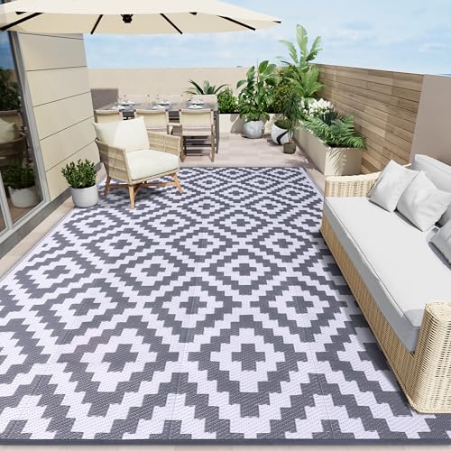 OLANLY Waterproof Outdoor Rug 9x12 ft, Outdoor Plastic Straw Rug for Camping, RV Mat Outside, Outdoor Carpet for Porch, Deck, Backyard, Balcony, Picnic, Grey & White - color: Grey & White, size: 9' X 12' (Rectangular)