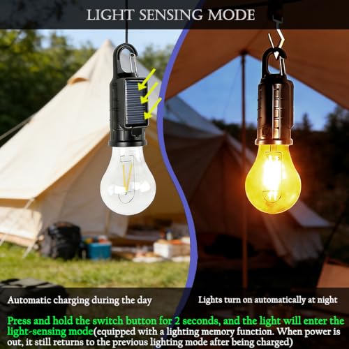 Solar Camping Lantern, Portable LED Camping Light with Light Sensor, USB Rechargeable Tent Light, Dusk to Dawn Waterproof Hanging Emergency Light for Outdoor Hiking Backpacking Patio Warm White 2 Pack